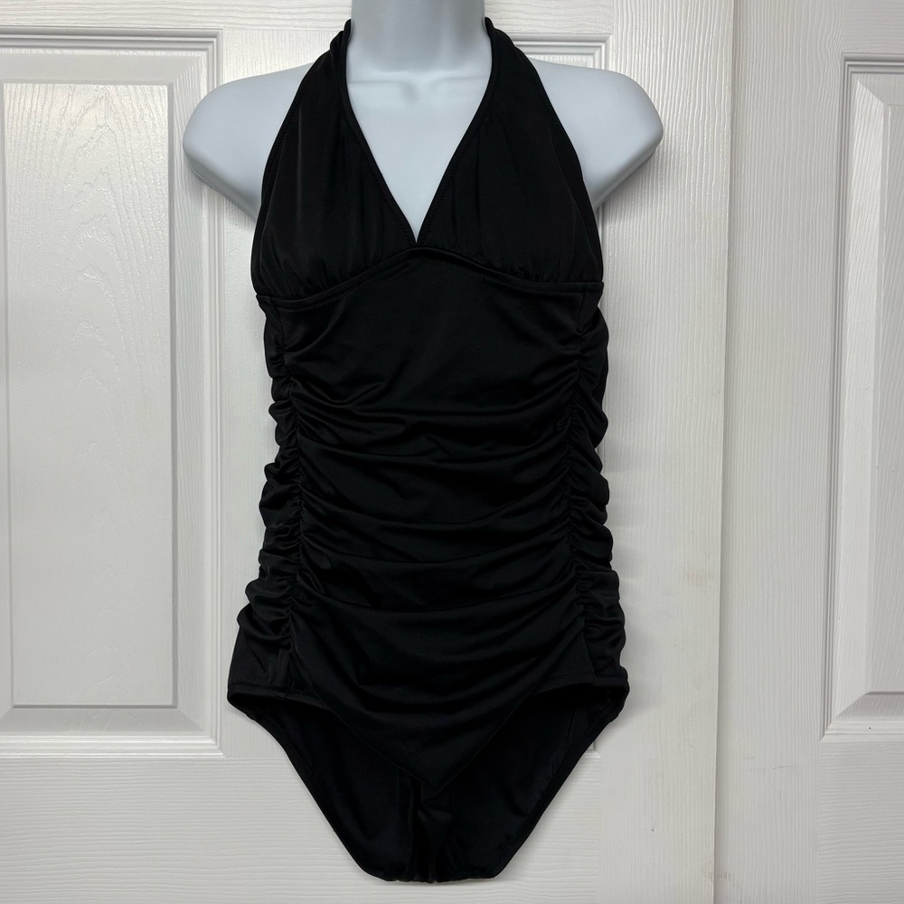 J. Crew Black Halter Rouched One Piece Swimsuit Sz 10